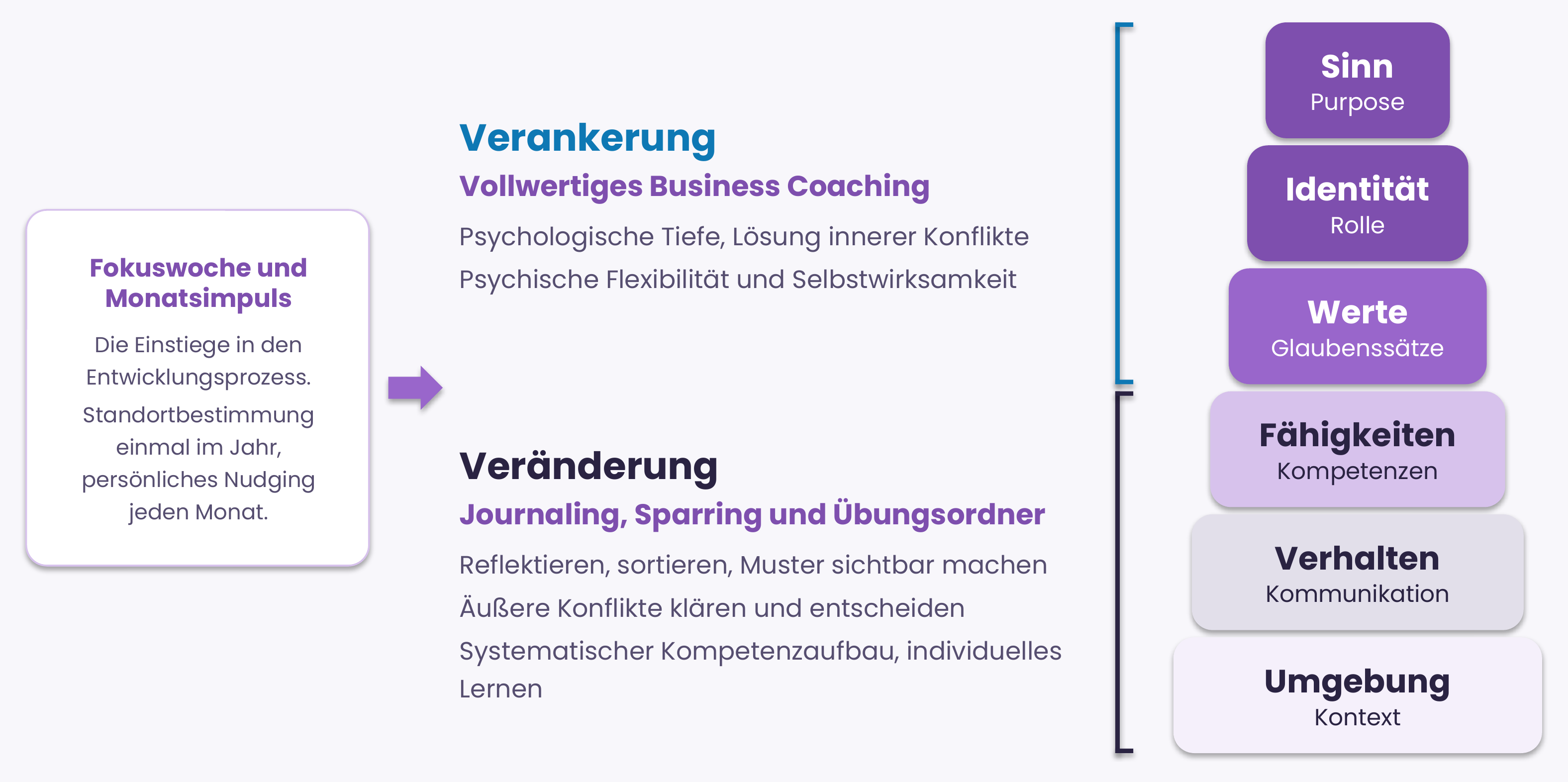 Die Wirkebenen von unten nach oben: Umgebung, Verhalten, Fähigkeiten, Werte, Identität, Sinn. Fokuswoche und Monatsimpuls sind die Einstiege, Journaling, Sparring und Übungsordner wirken auf Veränderung, das vollwertige Business Coaching auf Verankerung.